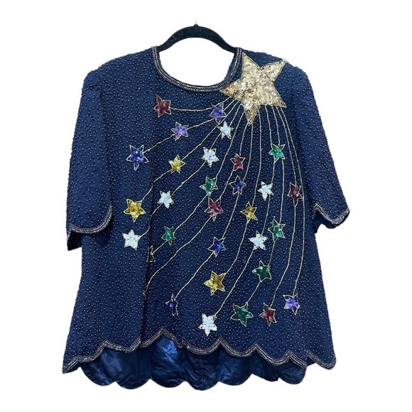 Party Tops - Vintage Creative Touch Blouse Sequin Beaded Star Party Rainbow Holiday